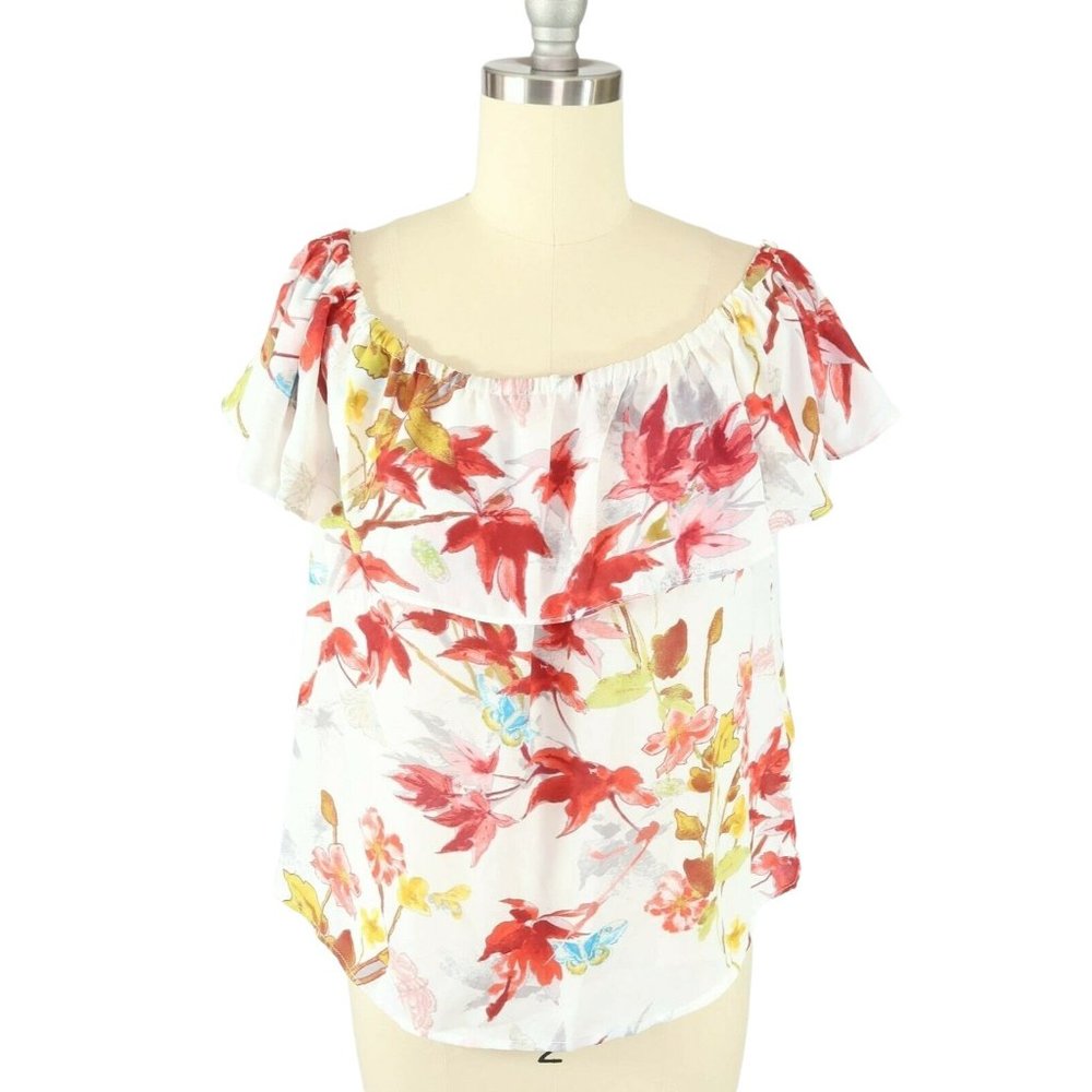 MAEVE Anthropologie XXS Ivory Red Leaf Print Off Shoulder Ruffle Top NWT